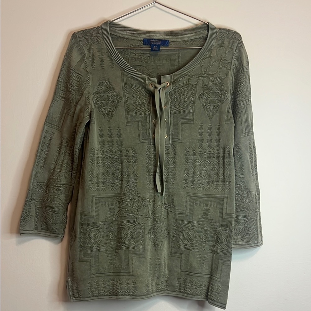 Tommy Bahama x Pendleton Green Textured 3/4 Sleeve Top